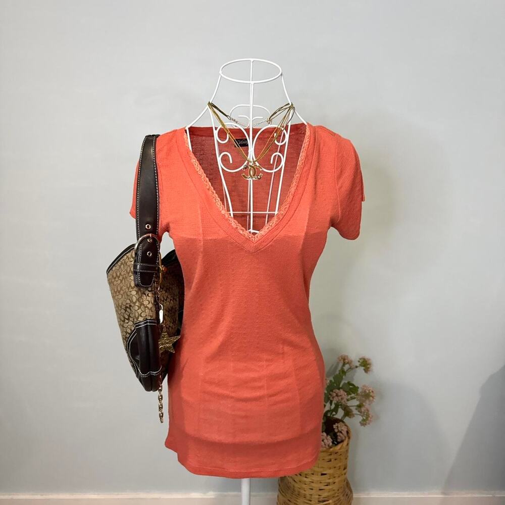 Y2K vintage orange lace tight v neck top
